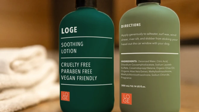 Two green LOGE product bottles against a blurred background with an orange LOGE logo. One bottle shows product name and description and the other bottle shows directions and ingredients.