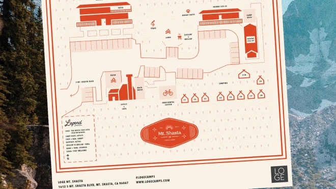 A map illustration of the LOGE Mt. Shasta property, designed in a red and white color scheme, against a mountain outdoor landscape.