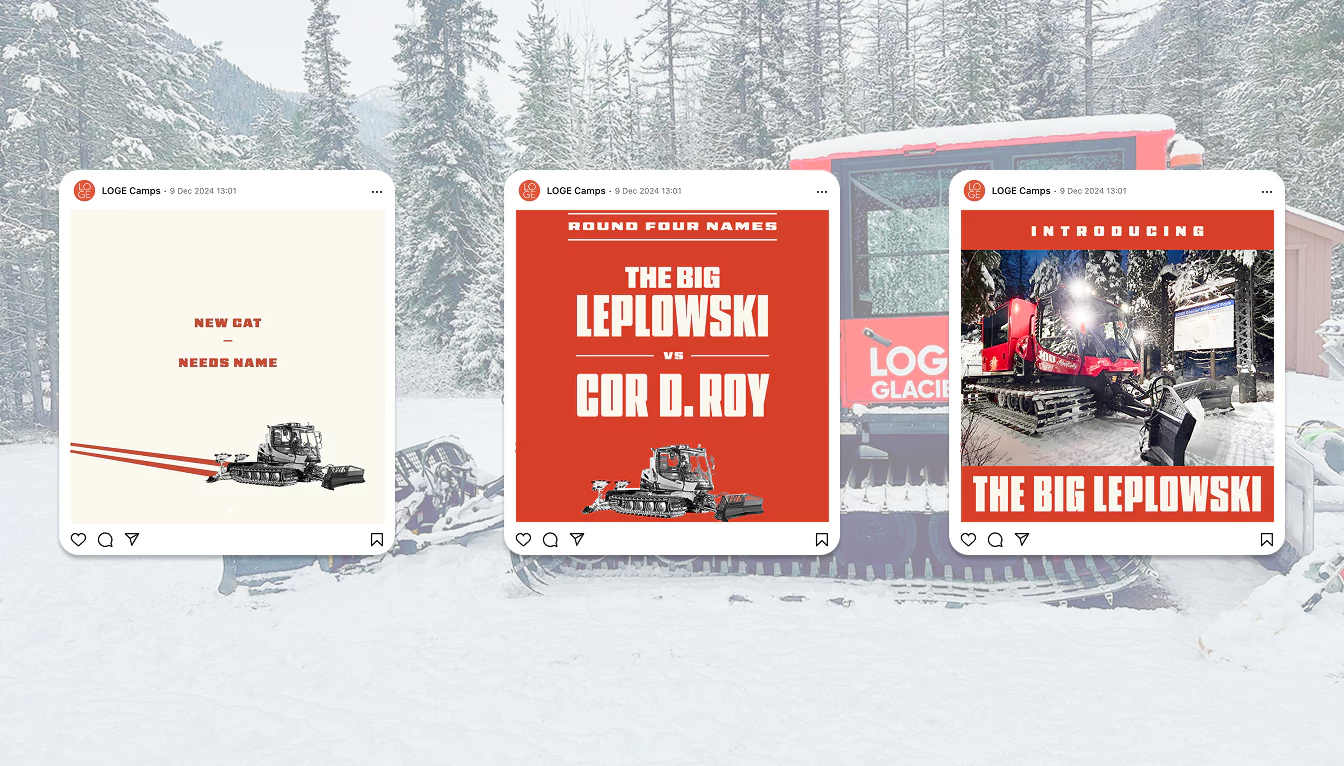 LOGE Camps' snowcat naming contest features bold text and images, revealing "The Big Leplowski" as the winning name.