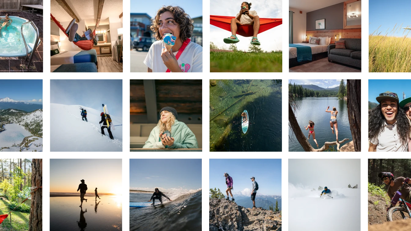 A diverse grid of adventure and outdoor lifestyle photos showcases activities like hiking, skiing, surfing, paddleboarding, biking, and relaxing in various natural settings. The vibrant images include scenes of people enjoying the outdoors, capturing moments of thrill and tranquility in mountains, forests, lakes, and beaches, highlighting the spirit of exploration and connection with nature.