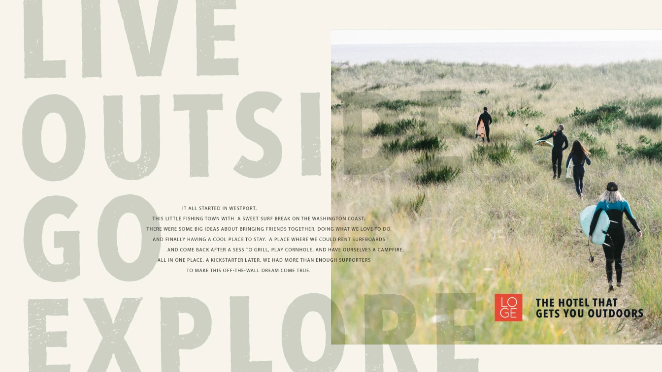 A promotional image for LOGE featuring the text "LIVE OUTSIDE GO EXPLORE." On the right side, four people are walking through a grassy field towards the ocean carrying surfboards.