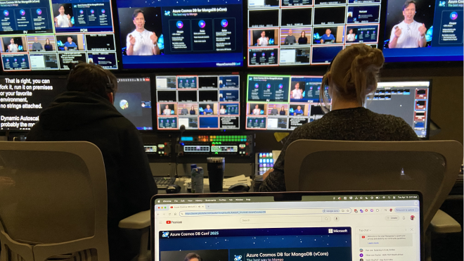 Multi-monitor control room with crew managing Azure Cosmos DB Conf 2025 stream production