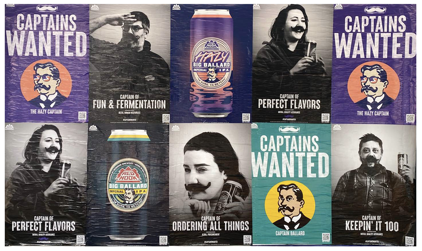 Collage of Redhook Brewery posters featuring staff with mustaches, Big Ballard IPA cans, and “Captains Wanted” recruitment theme.